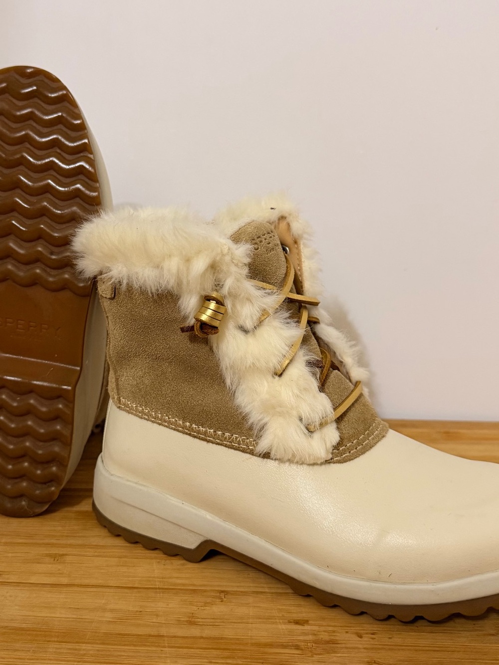 Sperry Cream and Tan Faux-Fur Lace-Up Winter Boots